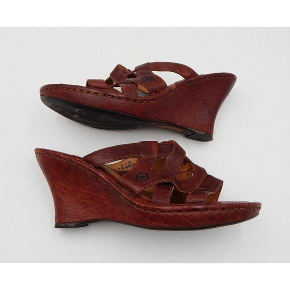 Born Women's Wedge Brown Leather Sandal Sz 8 Cross Strapped Handcrafted Slide - Picture 11 of 12